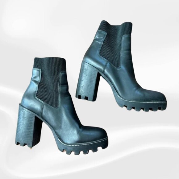 Chunky Heel Beautiful Black Booties-Tall & Comfortable size 9.5 Vegan Leather - Picture 1 of 8